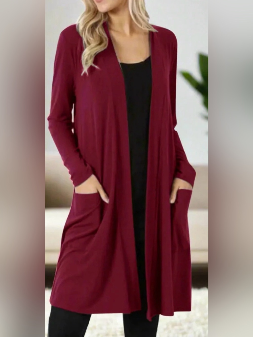 Essential Open-Front Longline Cardigan in Wine